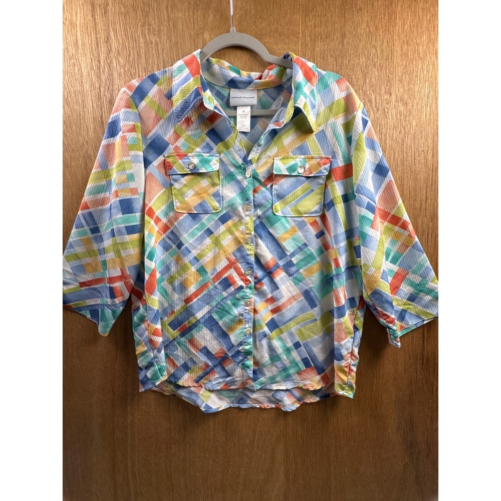 Alfred Dunner Blouse Top Womens Size M Multi Color 3/4 Sleeve Geometric Plaid
